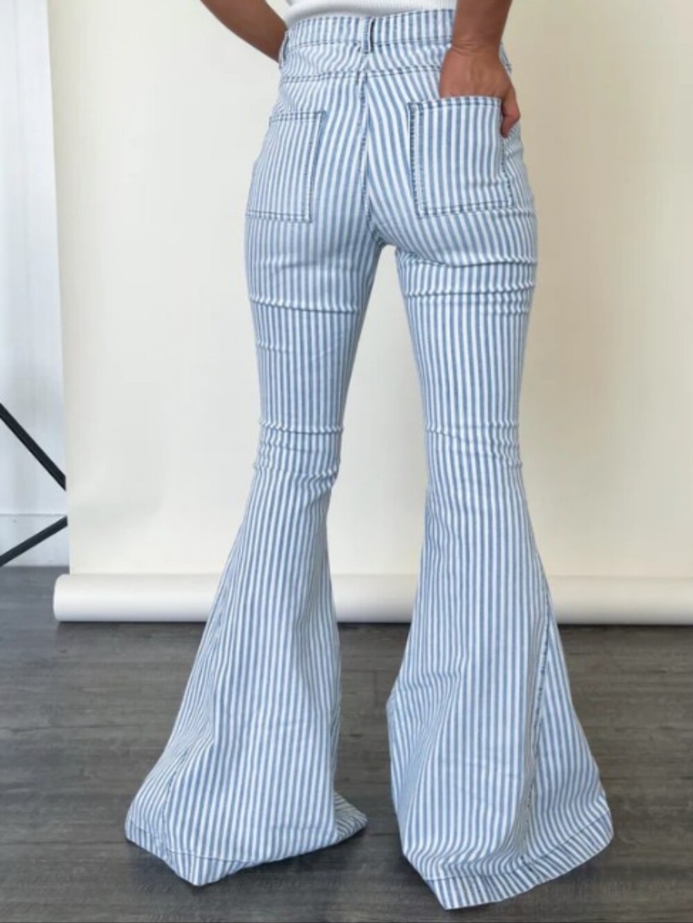 NWT Retro By Together Sz Small Striped Hi Waist Stretch Flared Jeans  Blue/White - Picture 4 of 4
